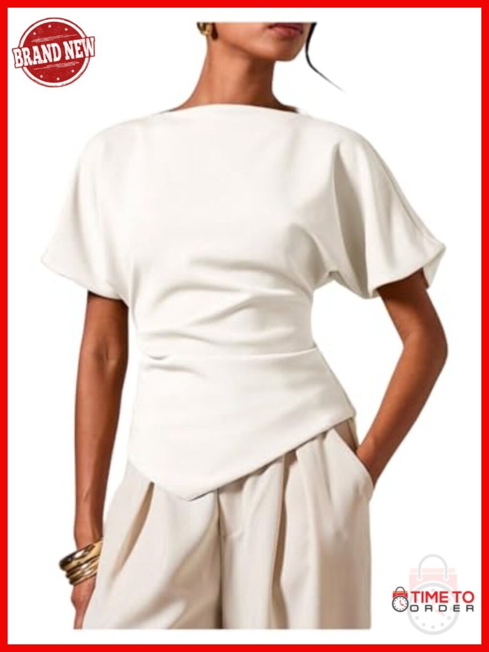 Dolman Sleeve Crew Neck Tee with Cinched Waist Asymmetrical Hem Dressy Going